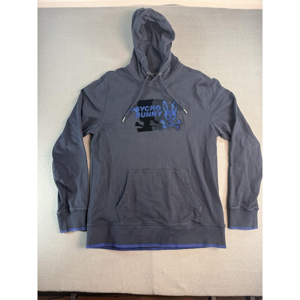 Psycho Bunny Hoodie Mens XL Blue Graphic Skull Bunny Logo Fleece Pullover